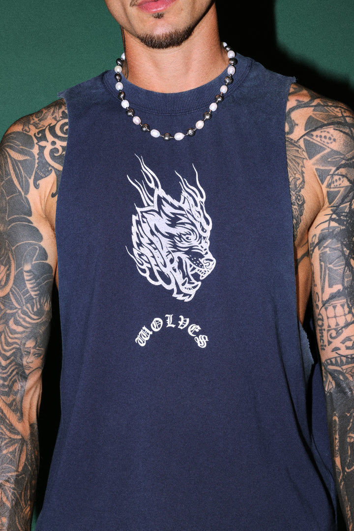 Okami Inferno Grunge Raw Hem Box Cut Tommy Muscle Tee in Navy