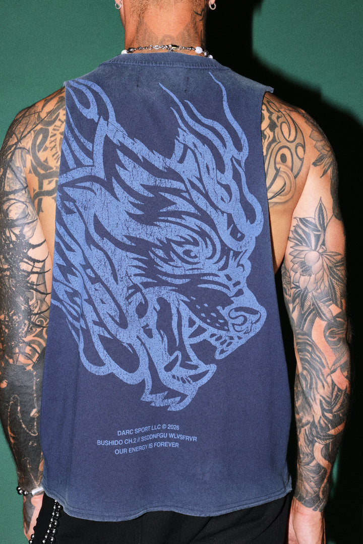 Okami Inferno Grunge Raw Hem Box Cut Tommy Muscle Tee in Navy