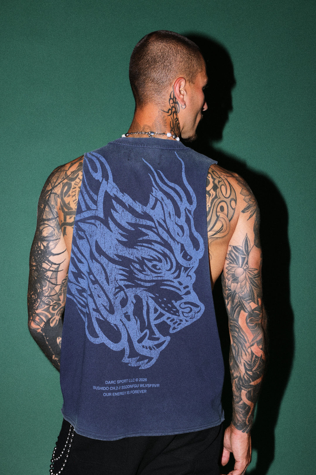 Okami Inferno Grunge Raw Hem Box Cut Tommy Muscle Tee in Navy