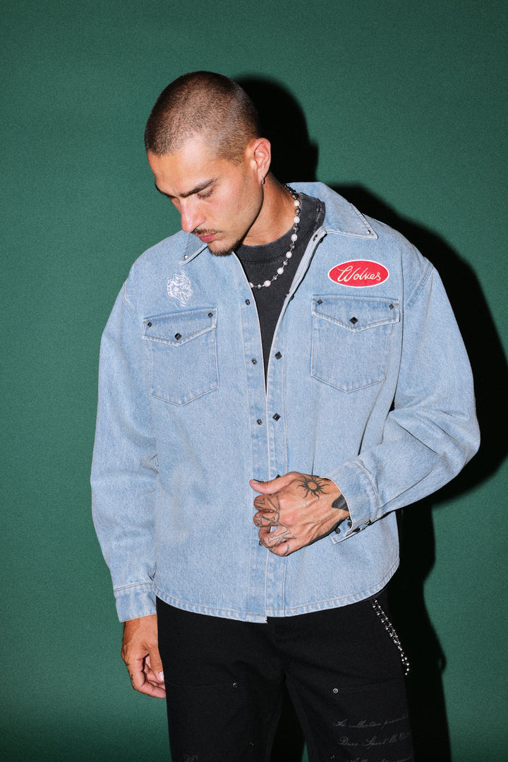 Wlvsfrvr Patch Winslow Denim Shirt Jacket in Light Wash