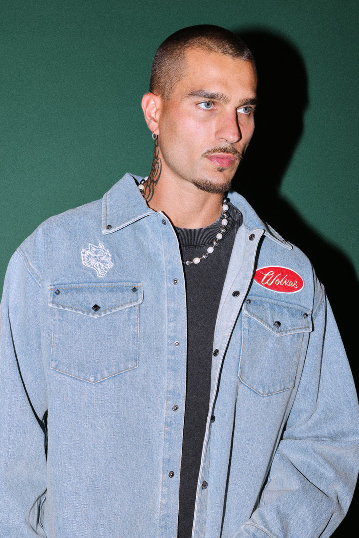 Wlvsfrvr Patch Winslow Denim Shirt Jacket in Light Wash