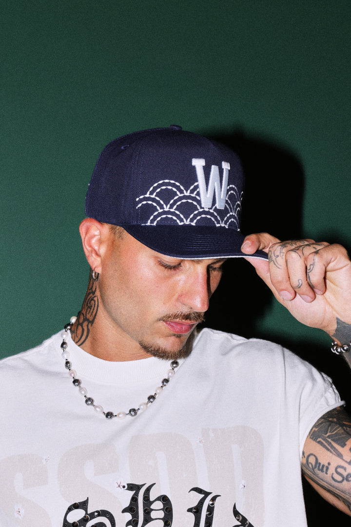 Sashiko Waves A Frame Snapback in Royal Navy