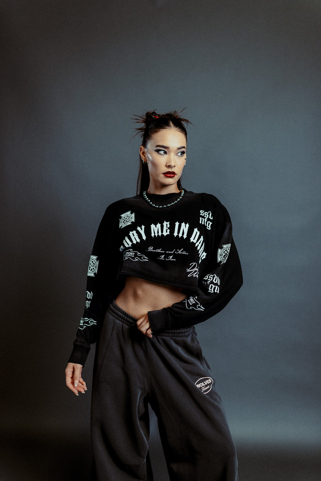 Wolves For Life "Premium" Oversized Cropped L/S Tee in Black Drift Wash
