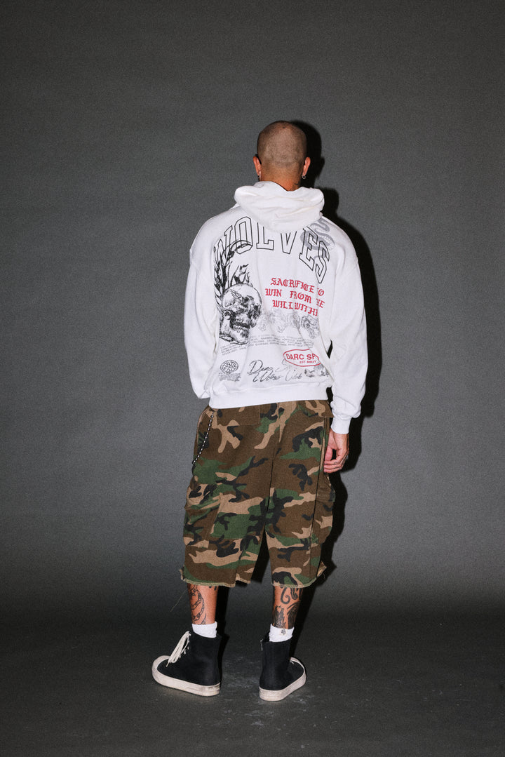 Flame Skull Pierce Hoodie in Cream
