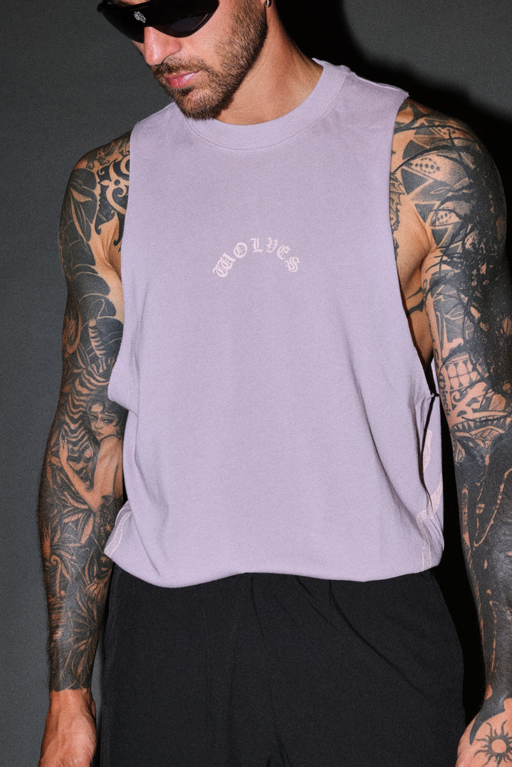 Wolves Never Back Down V2 Tommy Muscle Tee in Purple Smoke