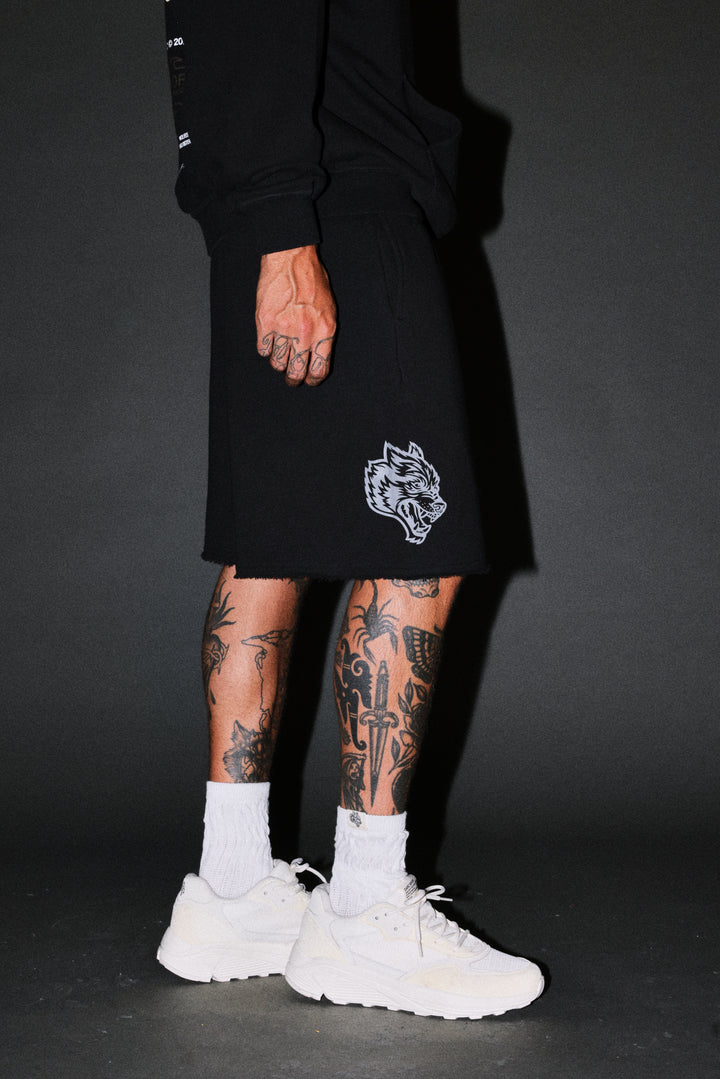 Loyalty Frvr Raw Hem Oversized Post Lounge Sweat Shorts in Black