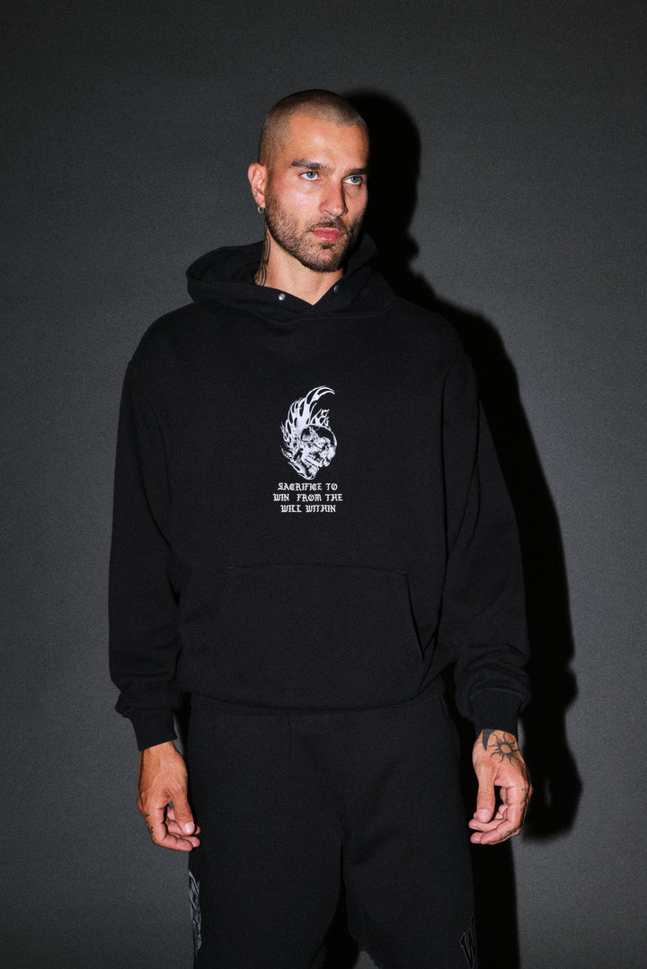 Flame Skull Pierce Hoodie in Black