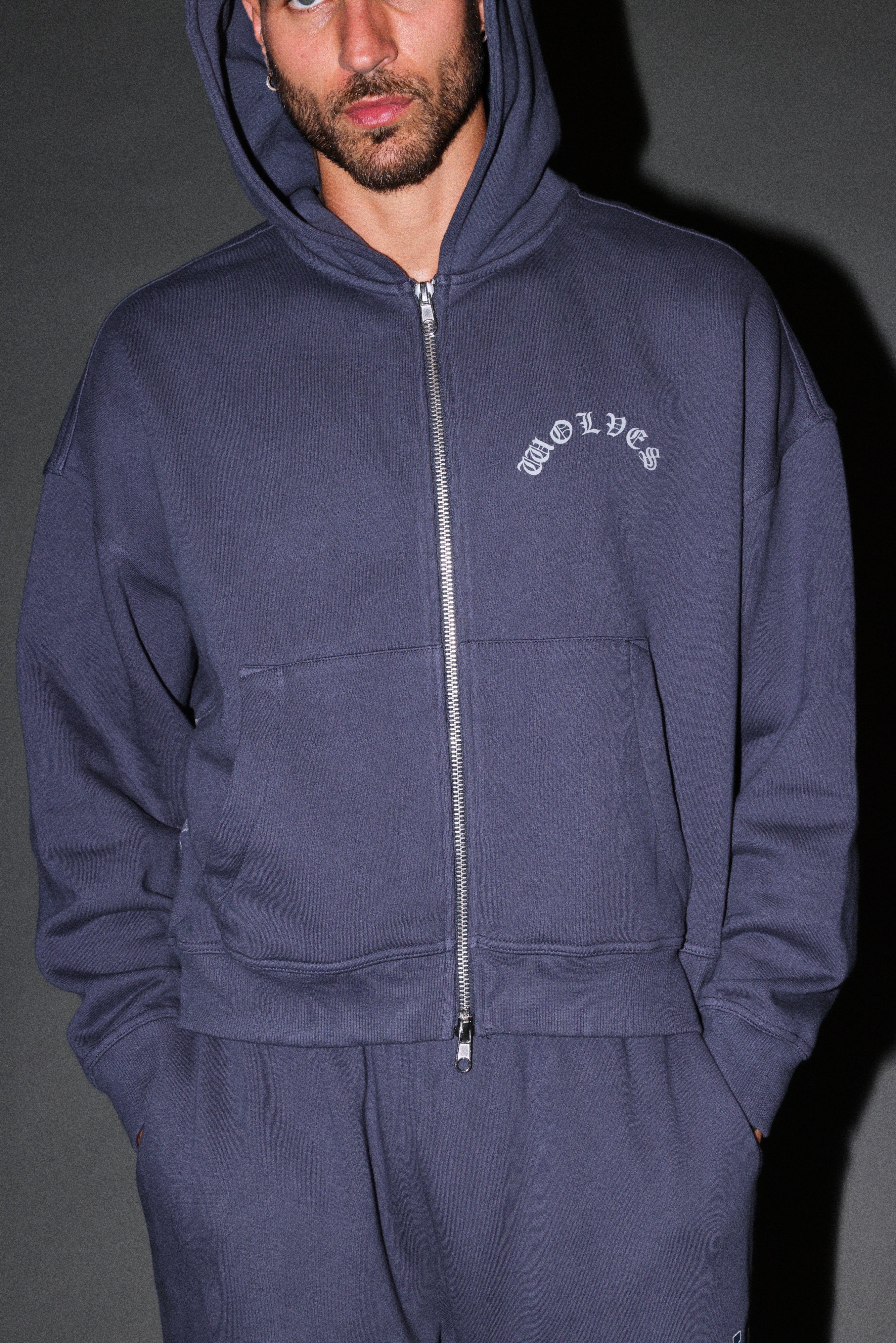 Wolves Never Back Down V2 Vex Double Zip Hoodie in Storm Blue