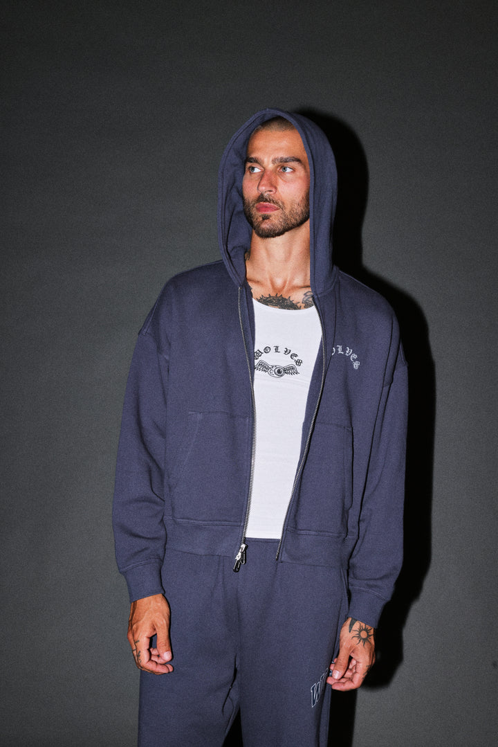 Wolves Never Back Down V2 Vex Double Zip Hoodie in Storm Blue