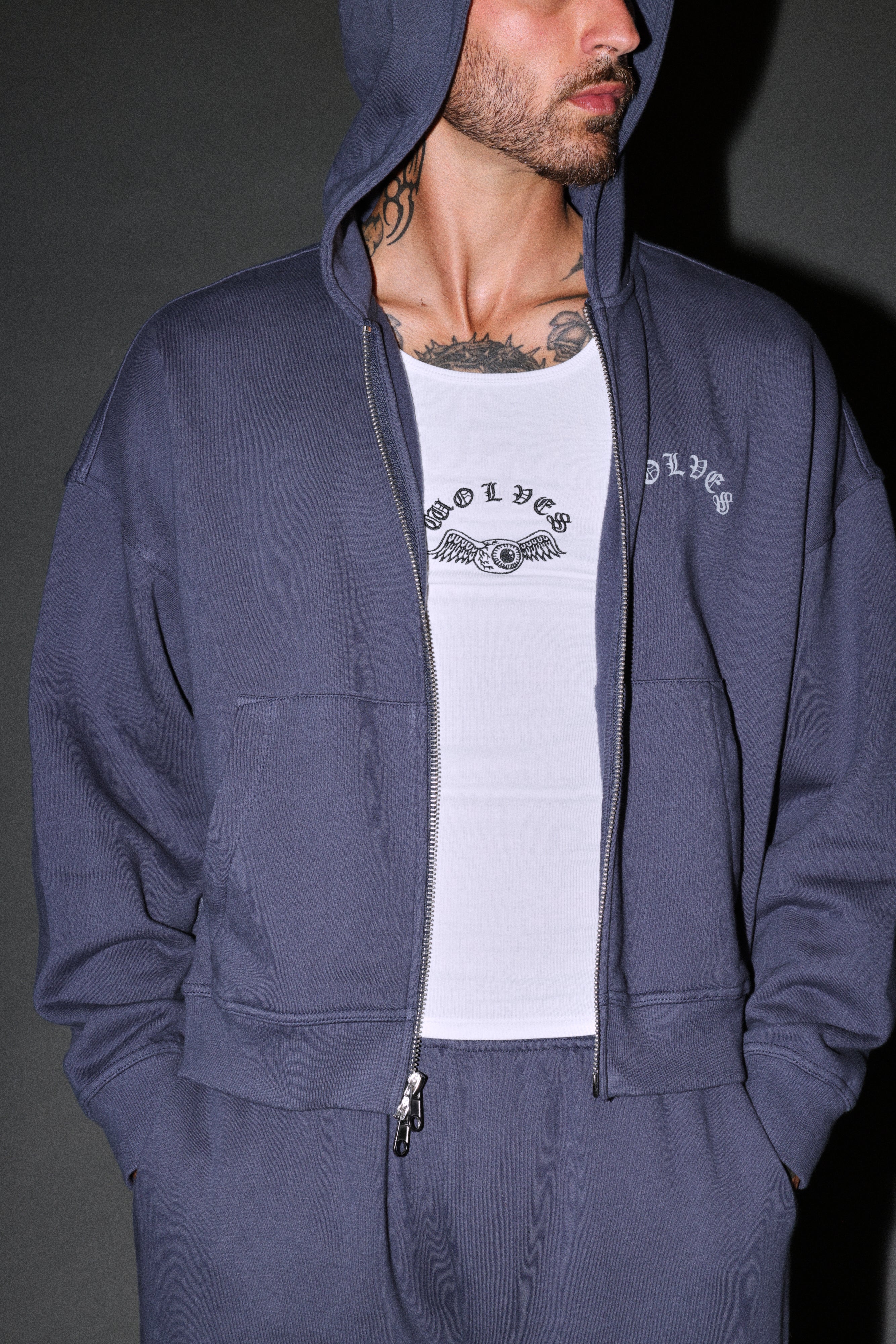 Wolves Never Back Down V2 Vex Double Zip Hoodie in Storm Blue
