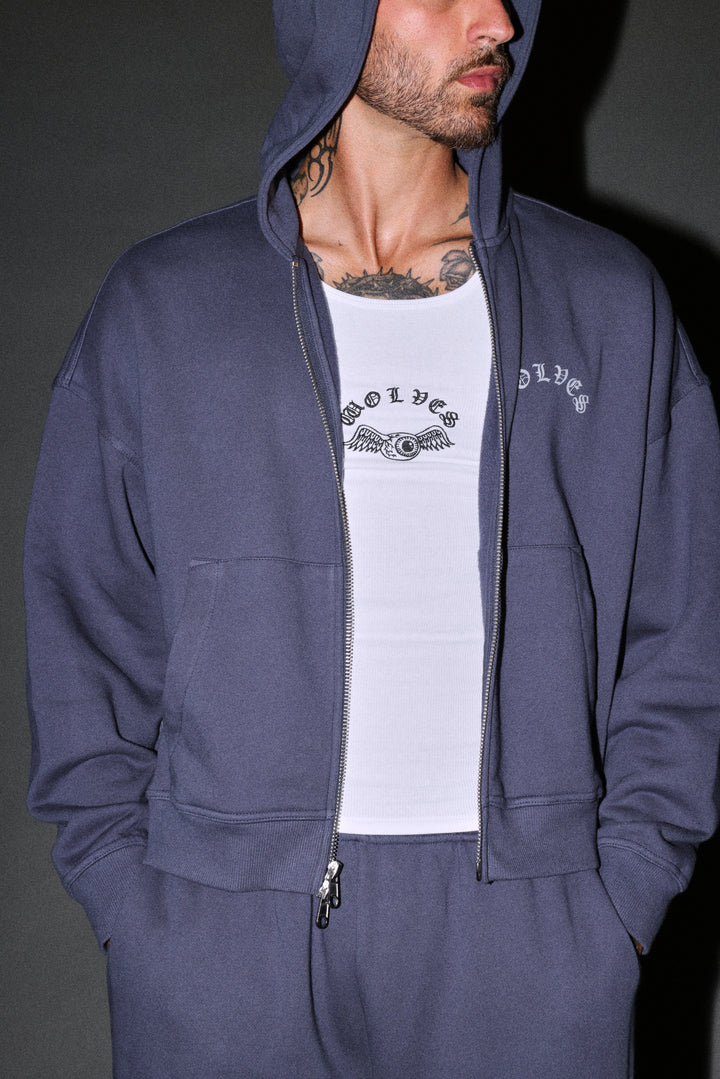 Wolves Never Back Down V2 Vex Double Zip Hoodie in Storm Blue