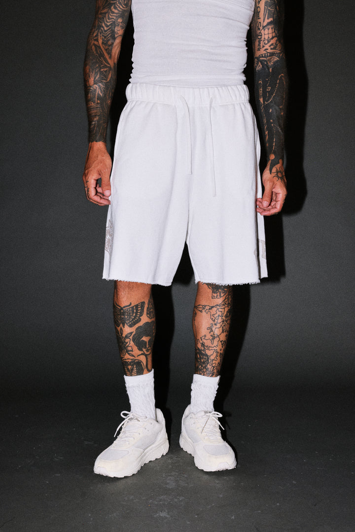 Loyalty Frvr Raw Hem Oversized Post Lounge Sweat Shorts in Cream