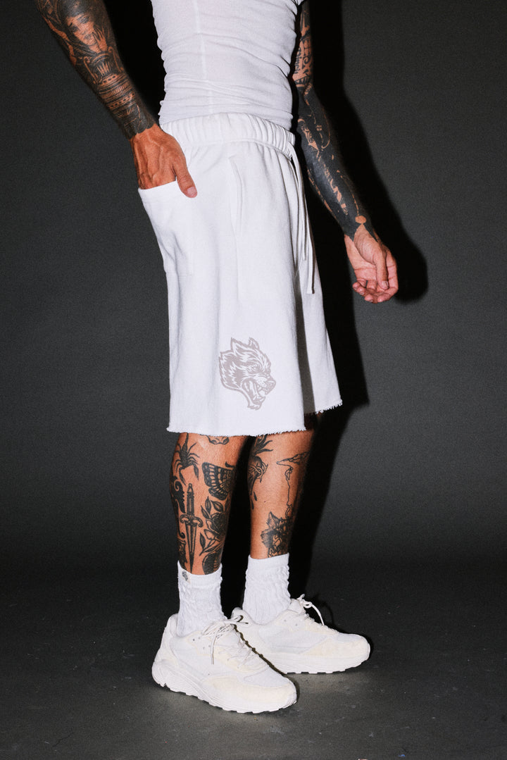 Loyalty Frvr Raw Hem Oversized Post Lounge Sweat Shorts in Cream
