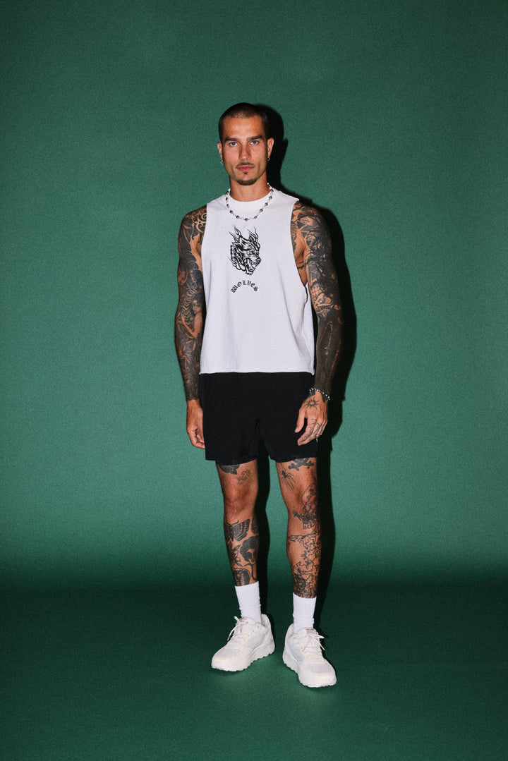 Okami Inferno Grunge Raw Hem Box Cut Tommy Muscle Tee in Cream