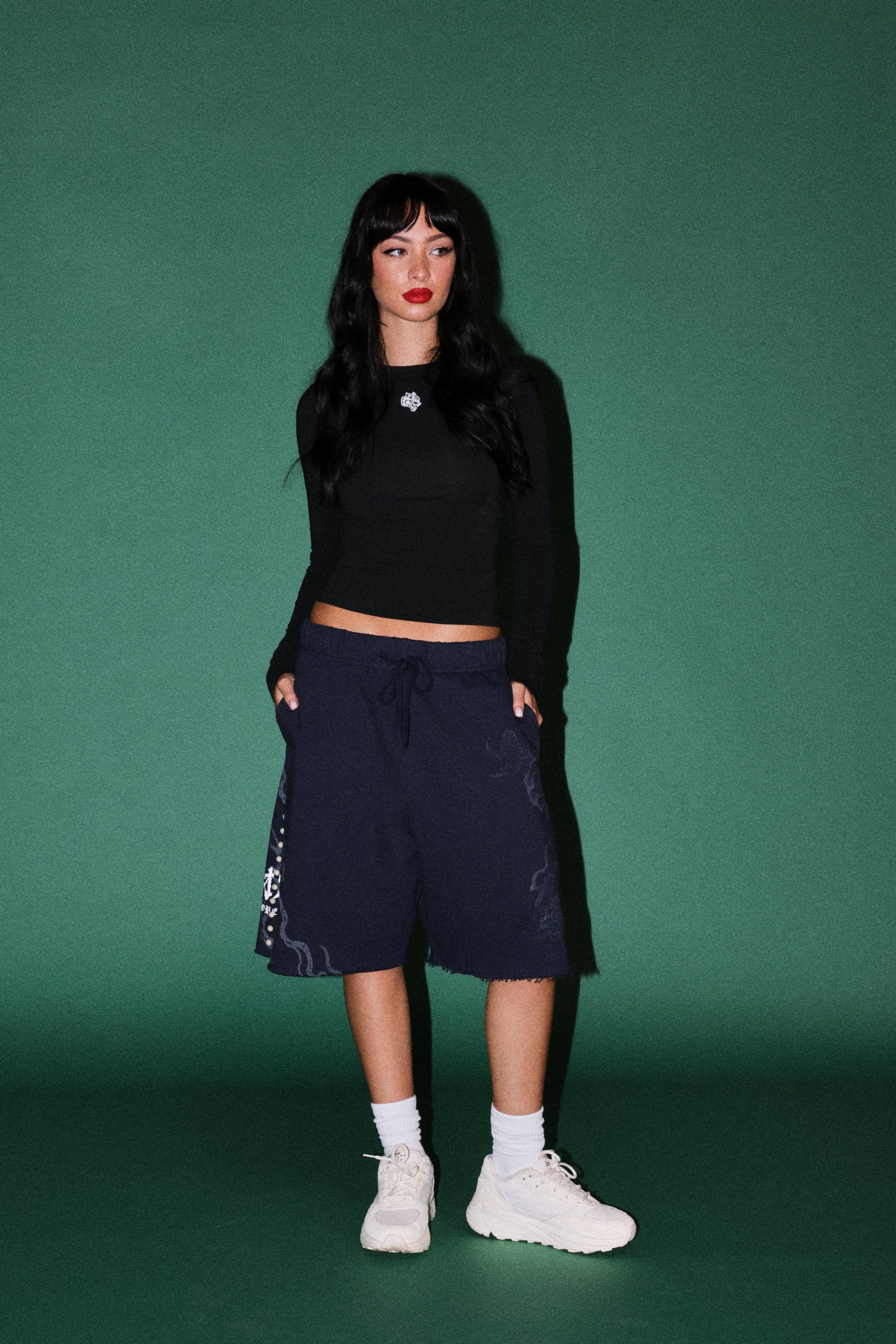 Kokuryu Grunge Oversized Raw Hem Post Lounge Sweat Shorts in Navy