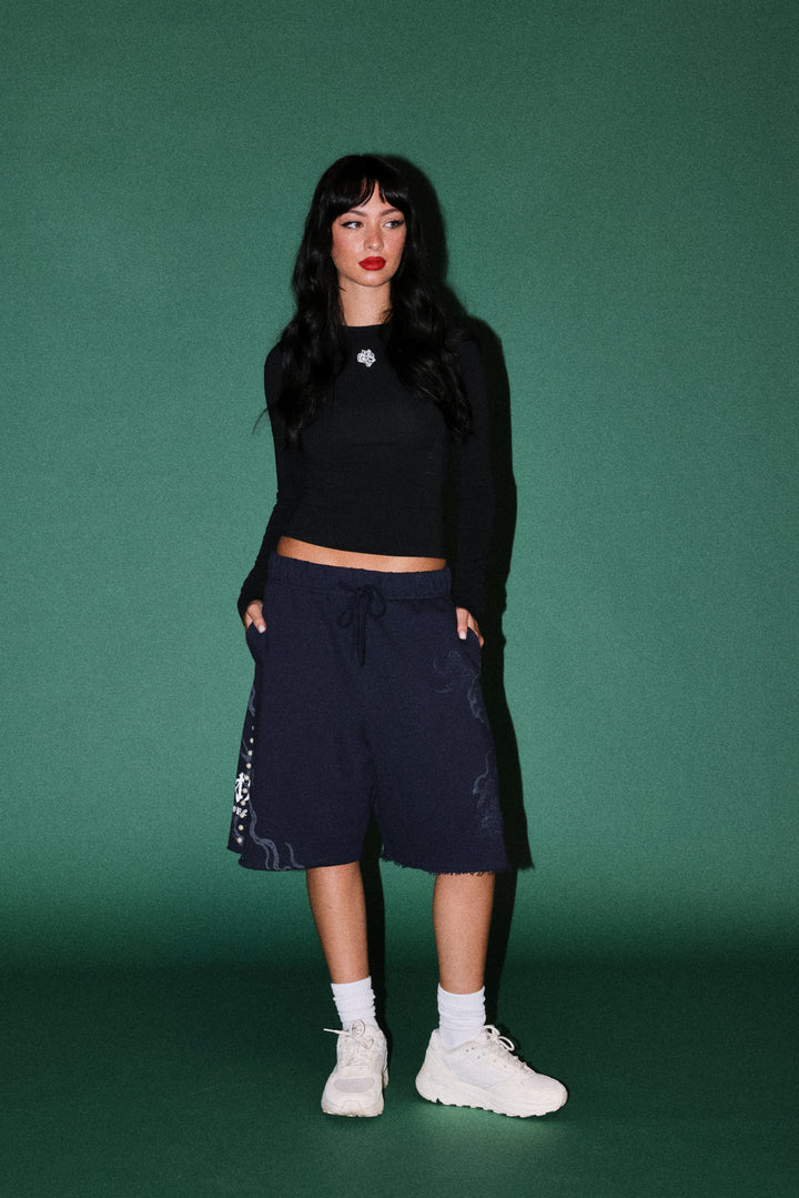 Kokuryu Grunge Oversized Raw Hem Post Lounge Sweat Shorts in Navy