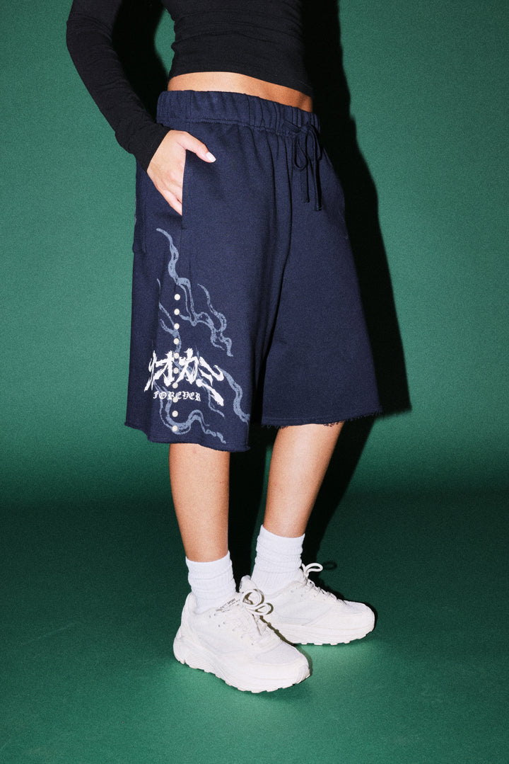 Kokuryu Grunge Oversized Raw Hem Post Lounge Sweat Shorts in Navy