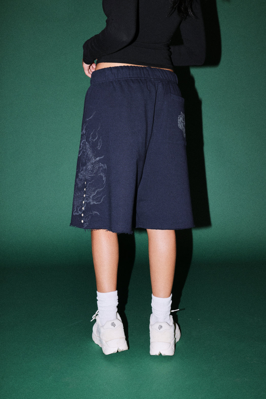 Kokuryu Grunge Oversized Raw Hem Post Lounge Sweat Shorts in Navy