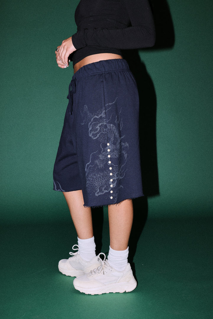 Kokuryu Grunge Oversized Raw Hem Post Lounge Sweat Shorts in Navy