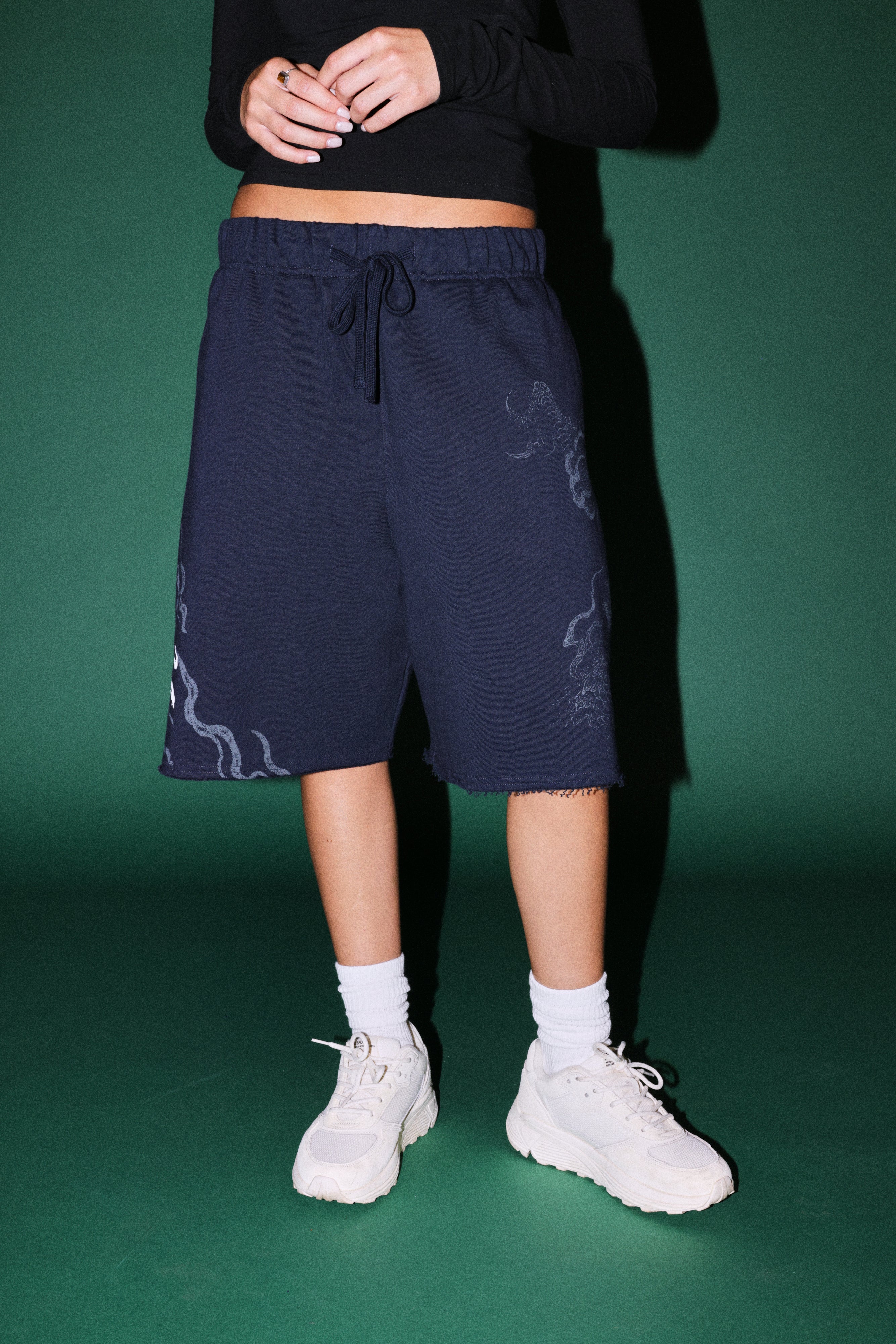 Kokuryu Grunge Oversized Raw Hem Post Lounge Sweat Shorts in Navy