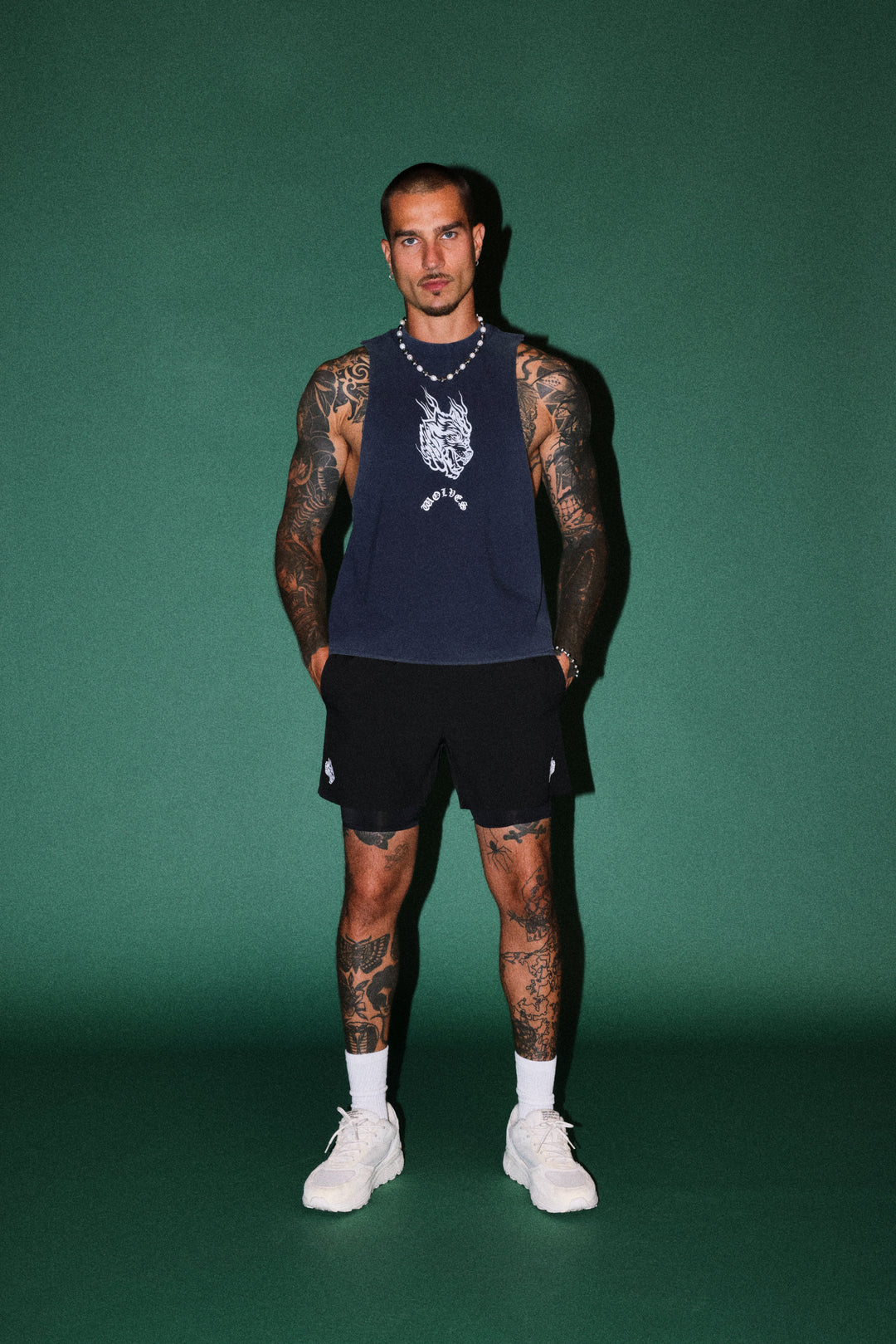 Okami Inferno Grunge Raw Hem Box Cut Tommy Muscle Tee in Navy