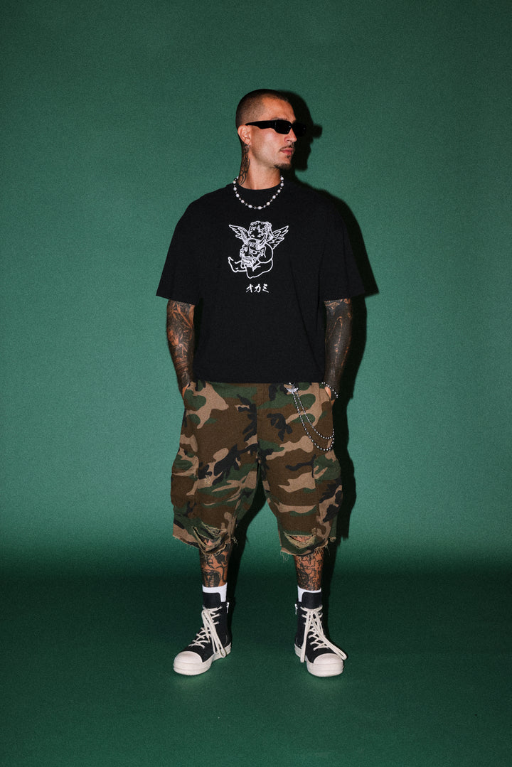 Oni Cherub Distressed Grunge Mid Length Raw Hem Tee in Black