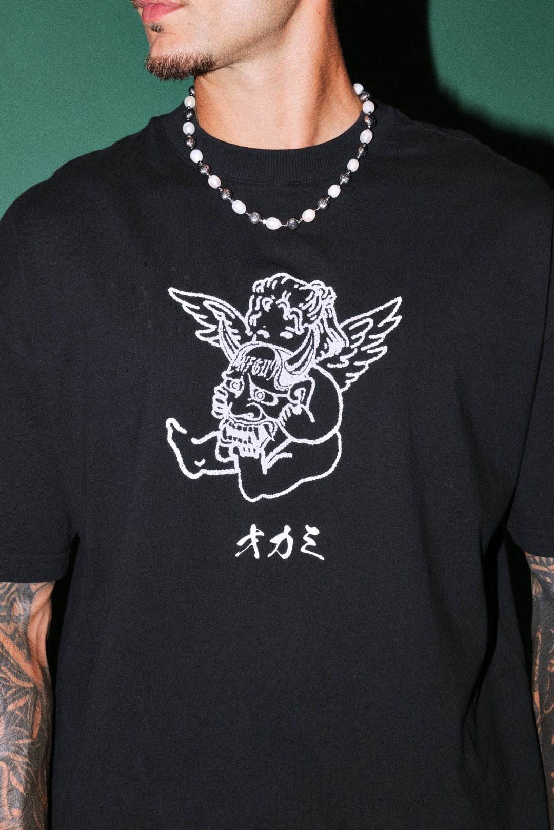 Oni Cherub Distressed Grunge Mid Length Raw Hem Tee in Black