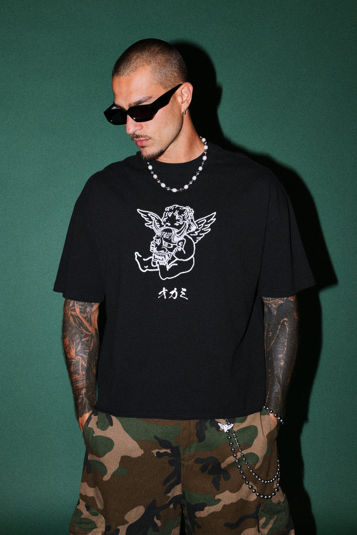 Oni Cherub Distressed Grunge Mid Length Raw Hem Tee in Black