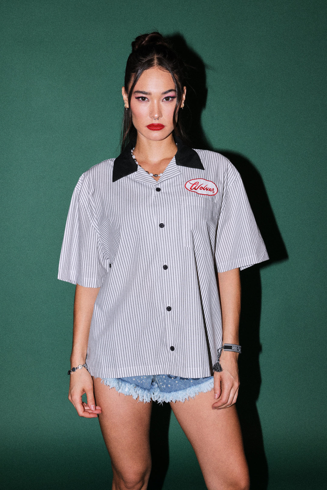 Wolves Patch Dalton Mid Length Button Up in Black Stripe