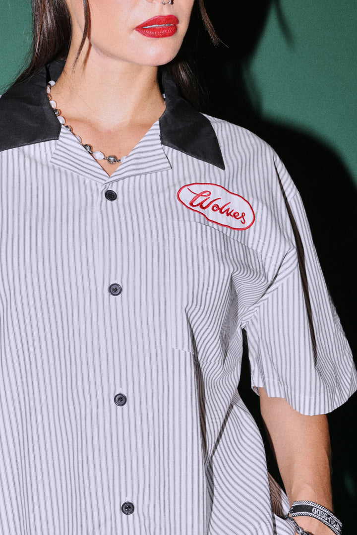Wolves Patch Dalton Mid Length Button Up in Black Stripe