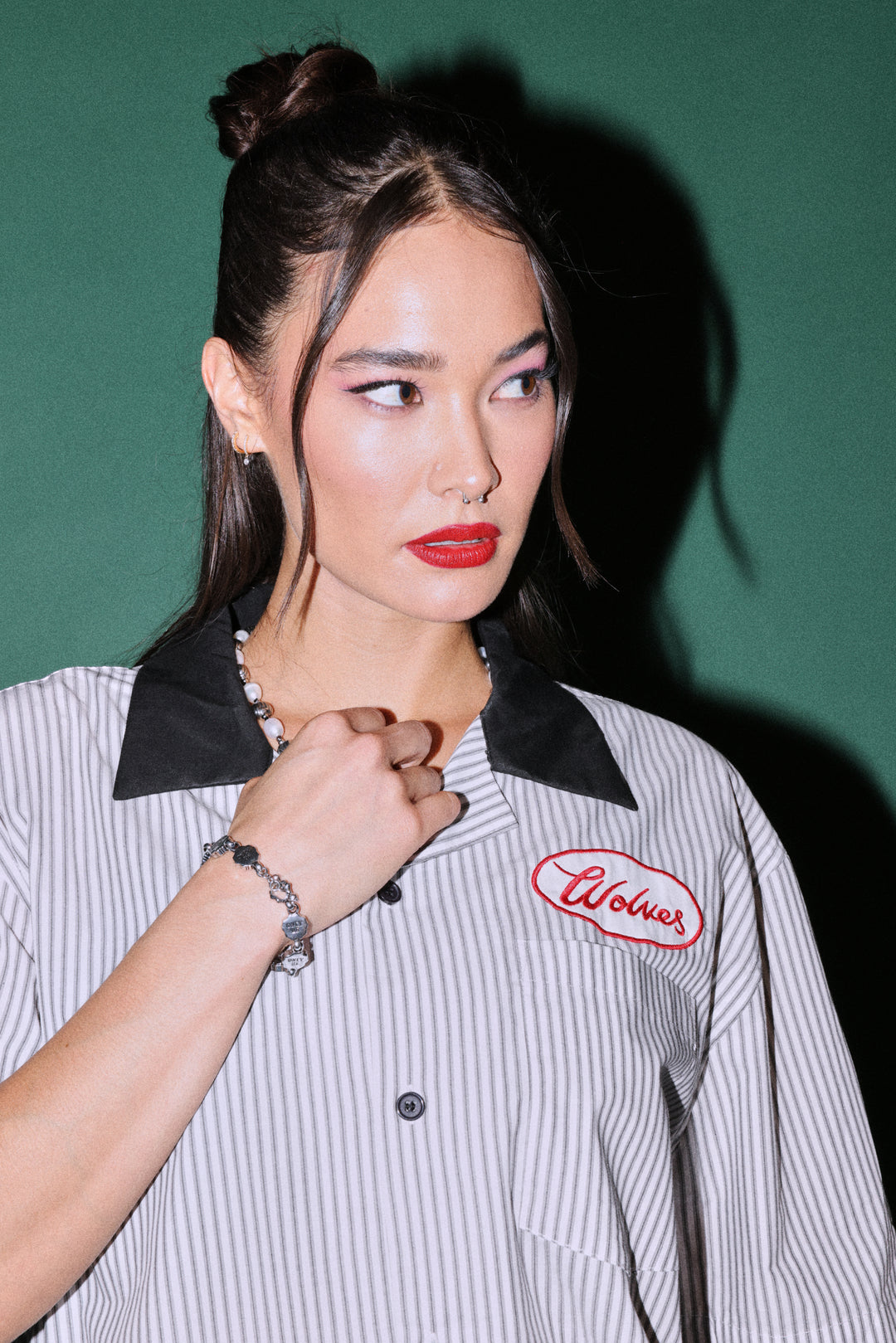 Wolves Patch Dalton Mid Length Button Up in Black Stripe