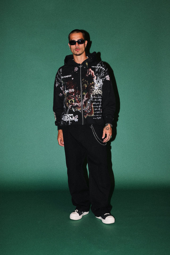 Shutendoji Distressed Grunge Mid Length Raw Hem Zip Hoodie in Black