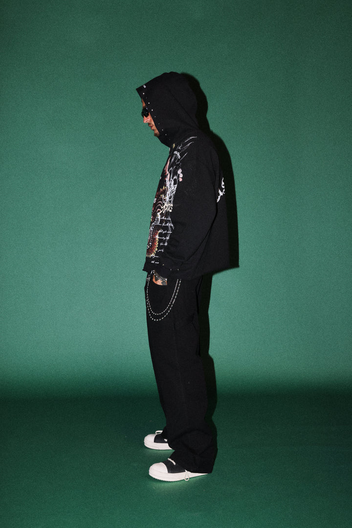 Shutendoji Distressed Grunge Mid Length Raw Hem Zip Hoodie in Black