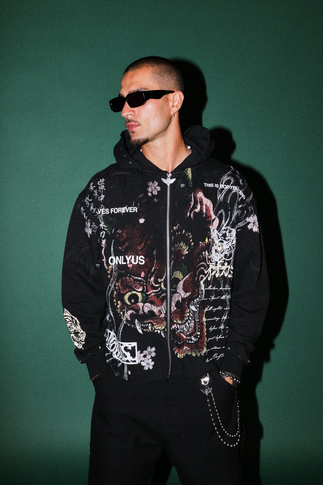 Shutendoji Distressed Grunge Mid Length Raw Hem Zip Hoodie in Black