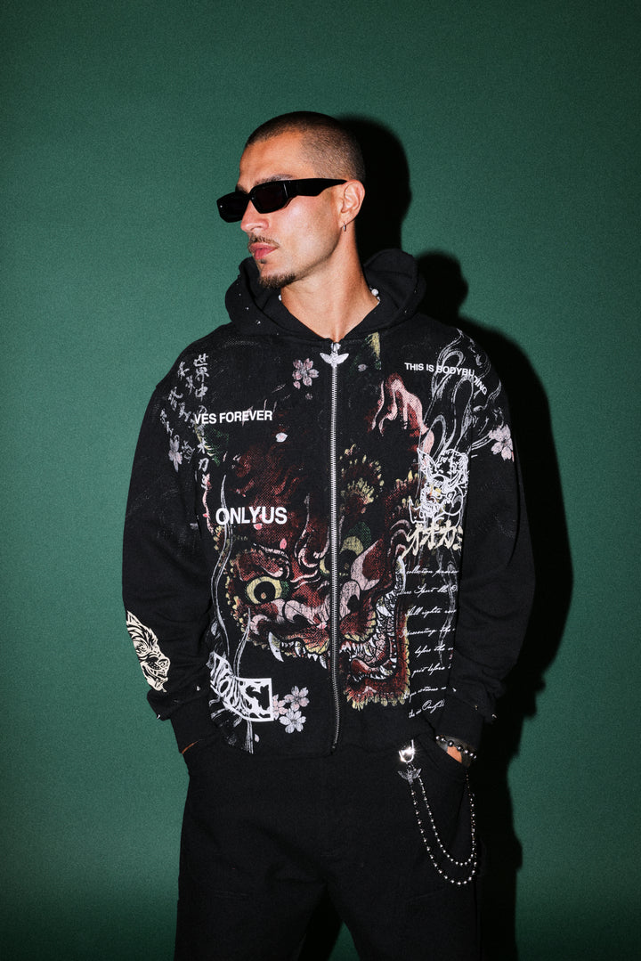Shutendoji Distressed Grunge Mid Length Raw Hem Zip Hoodie in Black