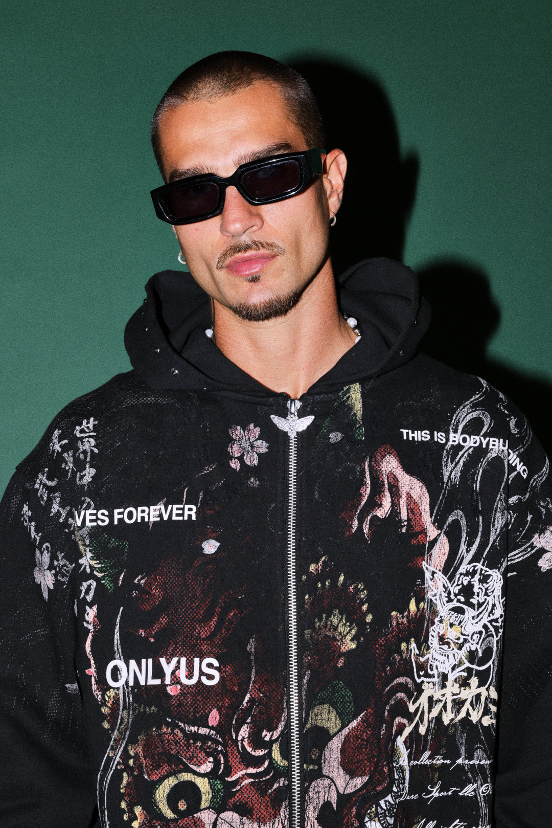 Shutendoji Distressed Grunge Mid Length Raw Hem Zip Hoodie in Black