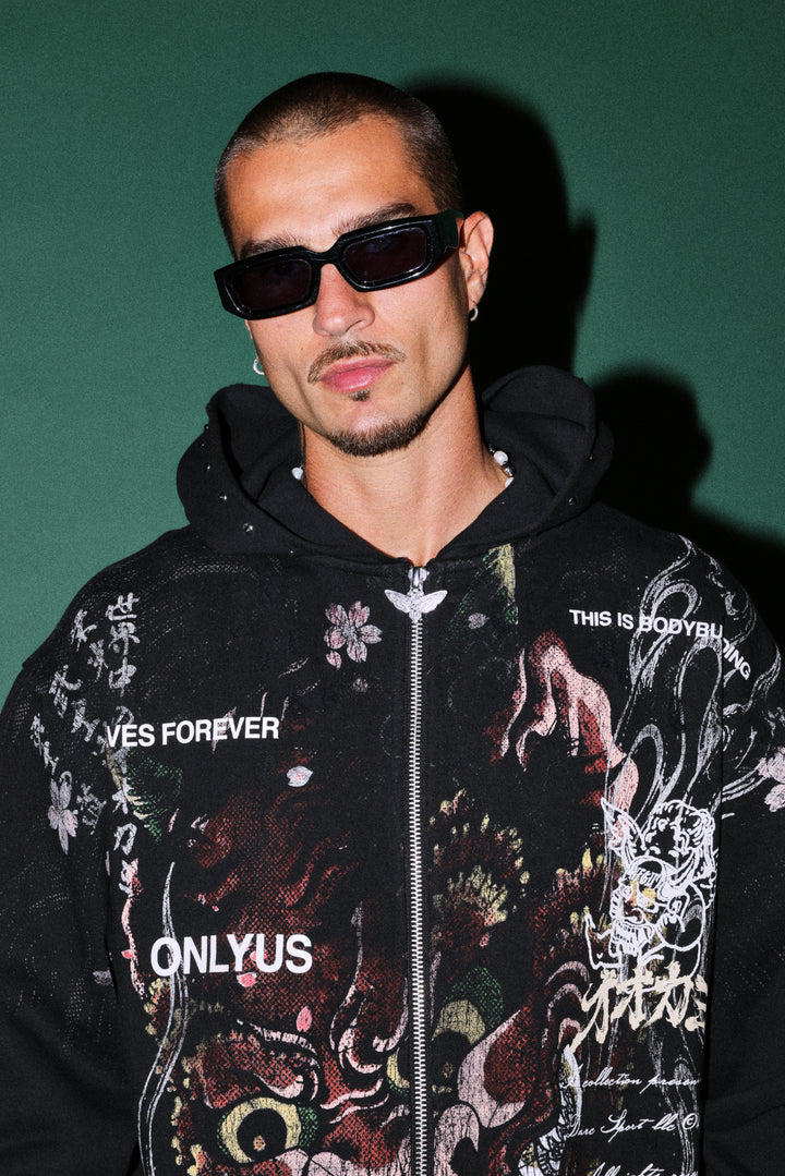 Shutendoji Distressed Grunge Mid Length Raw Hem Zip Hoodie in Black