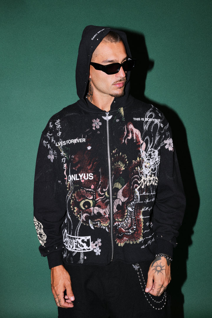 Shutendoji Distressed Grunge Mid Length Raw Hem Zip Hoodie in Black