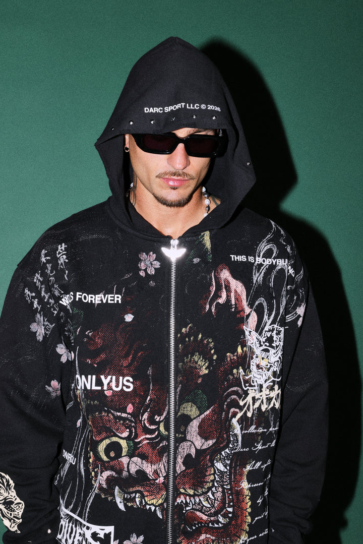 Shutendoji Distressed Grunge Mid Length Raw Hem Zip Hoodie in Black