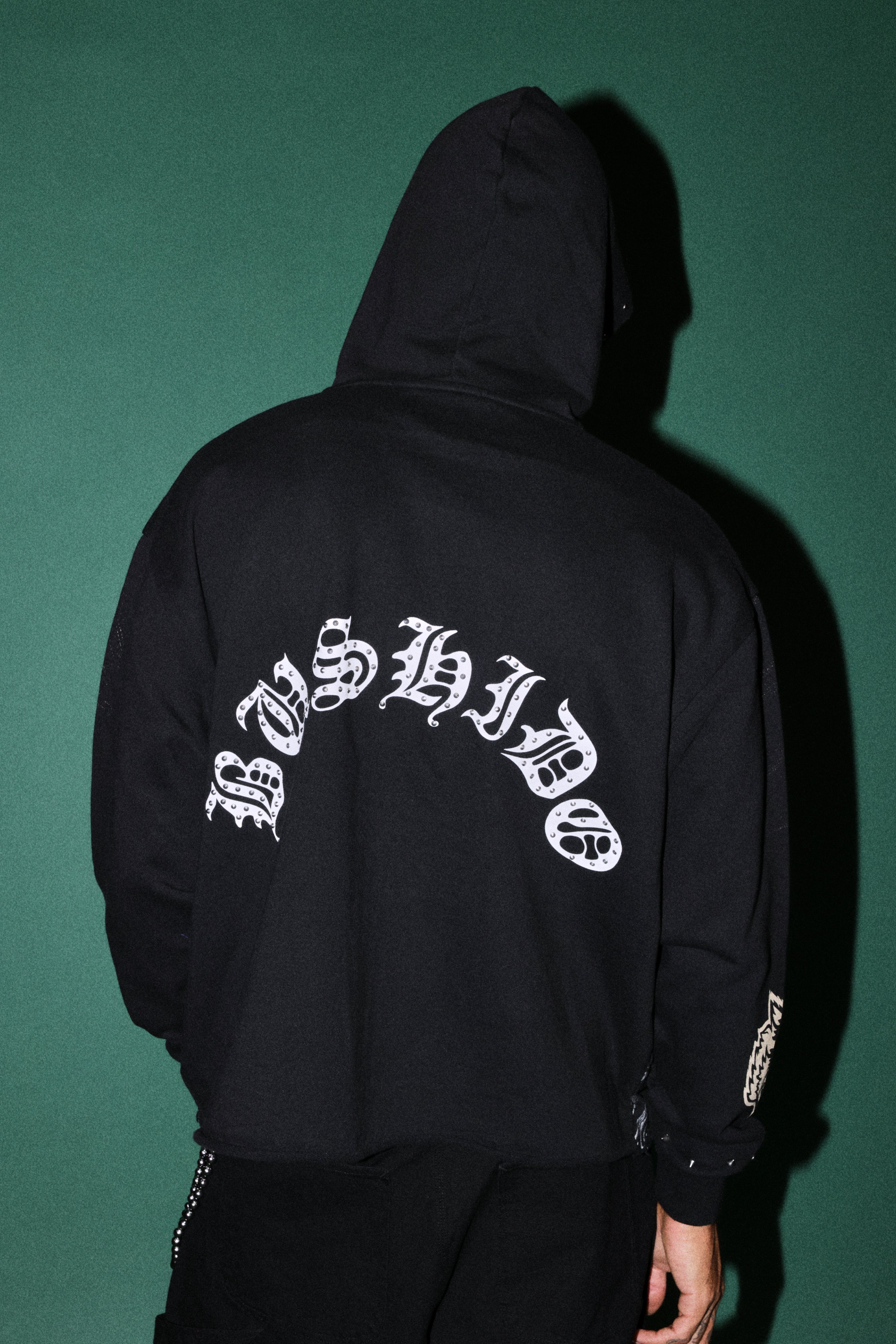 Shutendoji Distressed Grunge Mid Length Raw Hem Zip Hoodie in Black