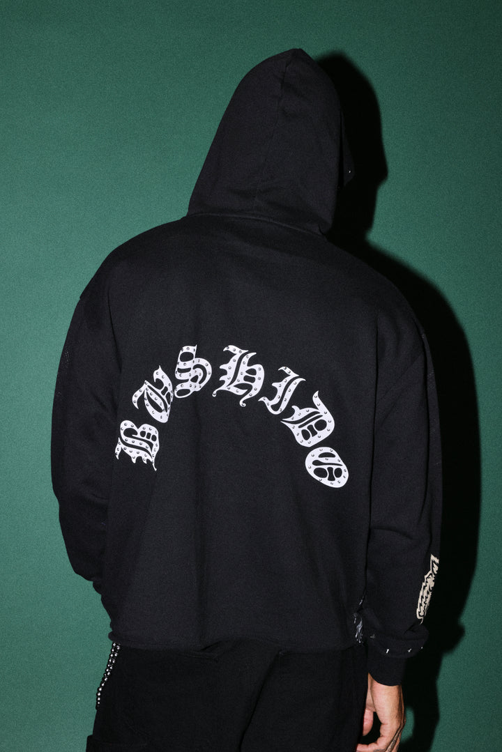 Shutendoji Distressed Grunge Mid Length Raw Hem Zip Hoodie in Black