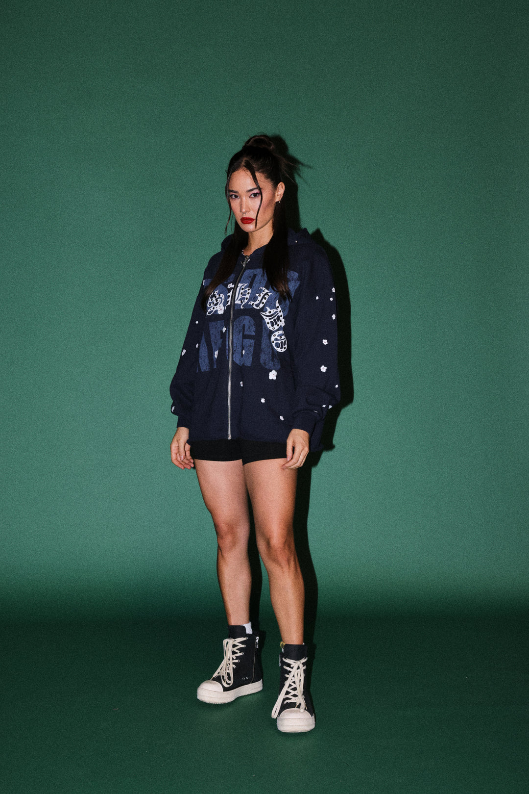 Ssddnfgu Bushido Distressed Grunge Mid Length Raw Hem Zip Hoodie in Navy