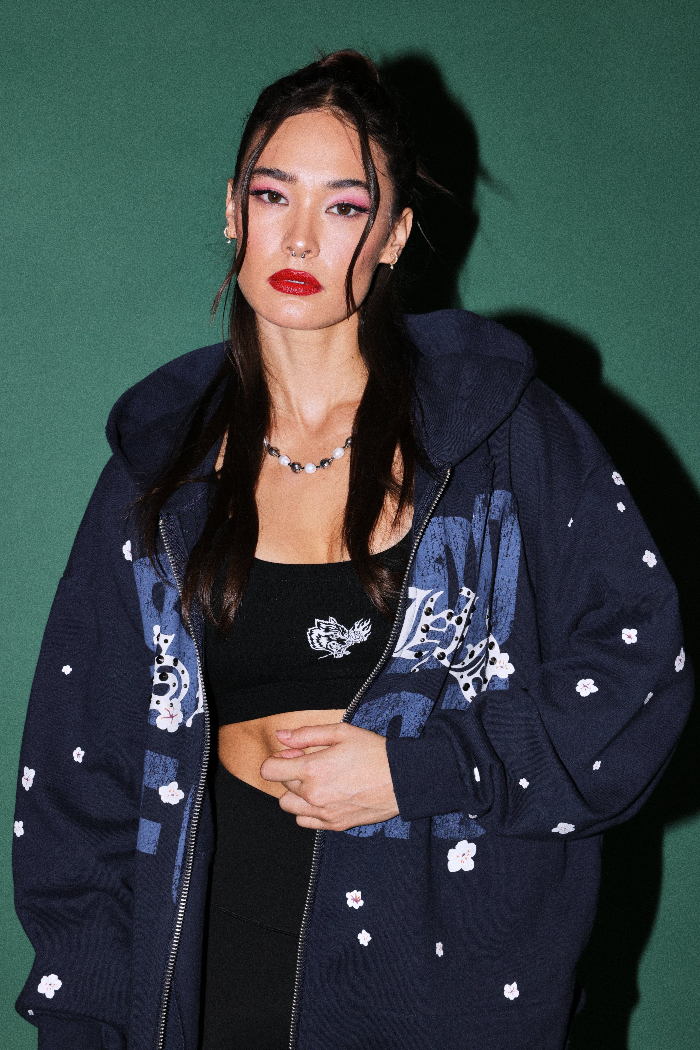 Ssddnfgu Bushido Distressed Grunge Mid Length Raw Hem Zip Hoodie in Navy