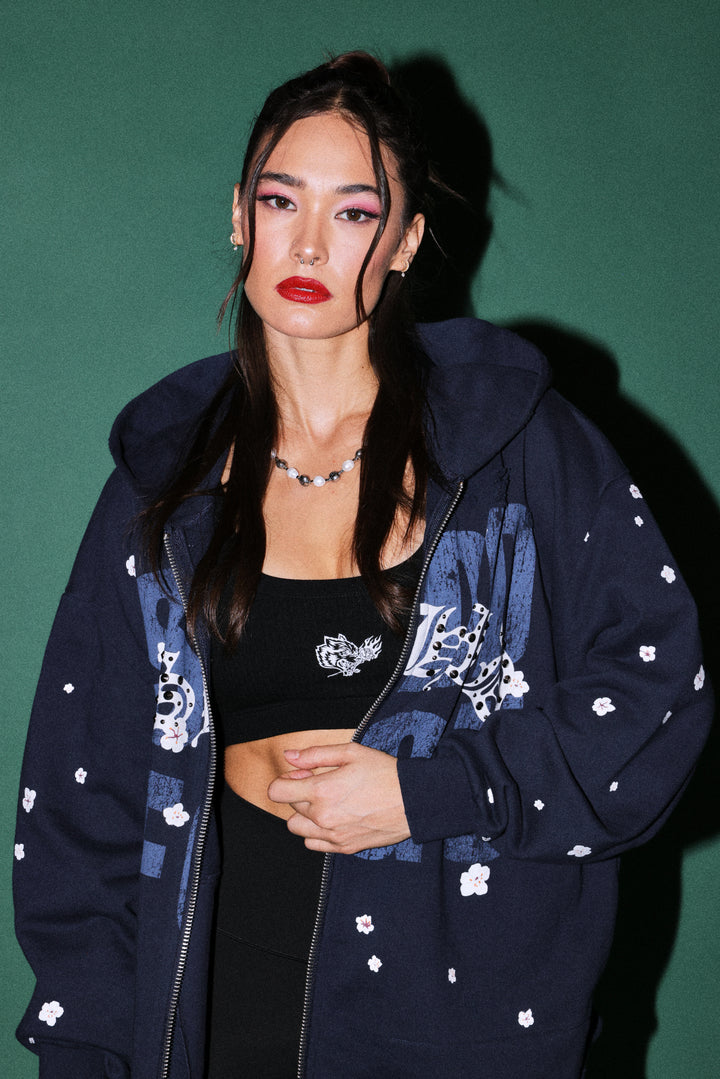 Ssddnfgu Bushido Distressed Grunge Mid Length Raw Hem Zip Hoodie in Navy