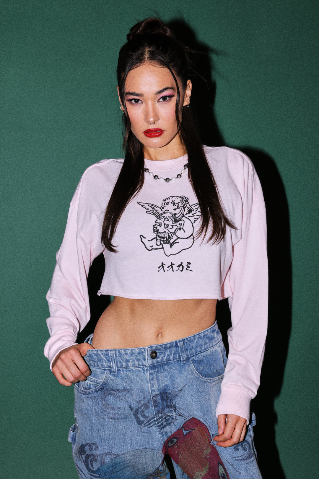 Oni Cherub Premium Oversized Cropped Ls Tee in Blush Pink