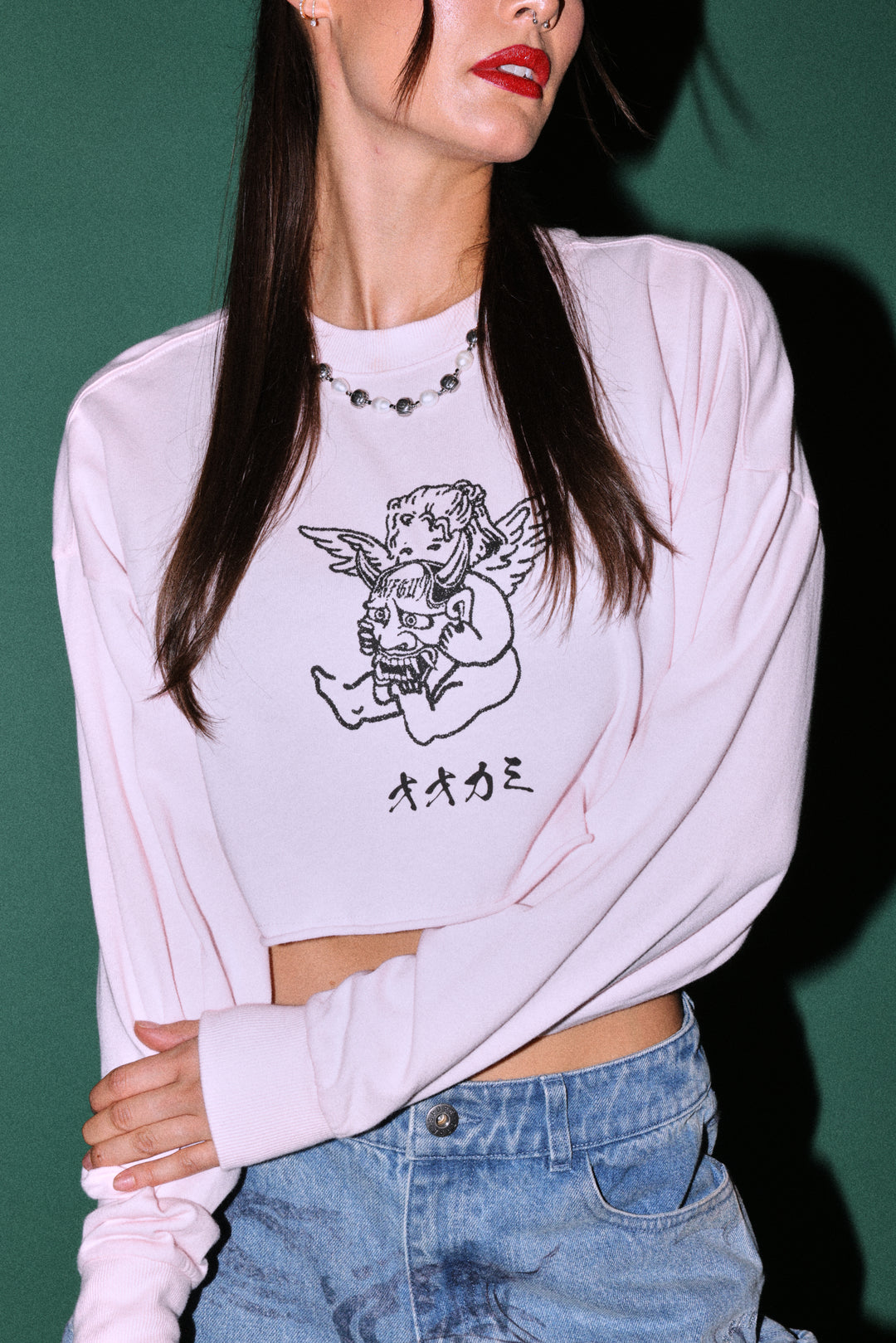 Oni Cherub Premium Oversized Cropped Ls Tee in Blush Pink