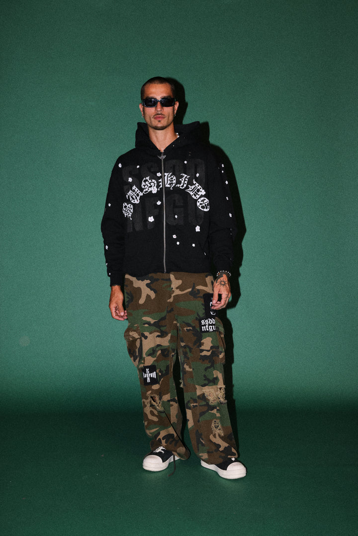 Ssddnfgu Bushido Distressed Grunge Mid Length Raw Hem Zip Hoodie in Black