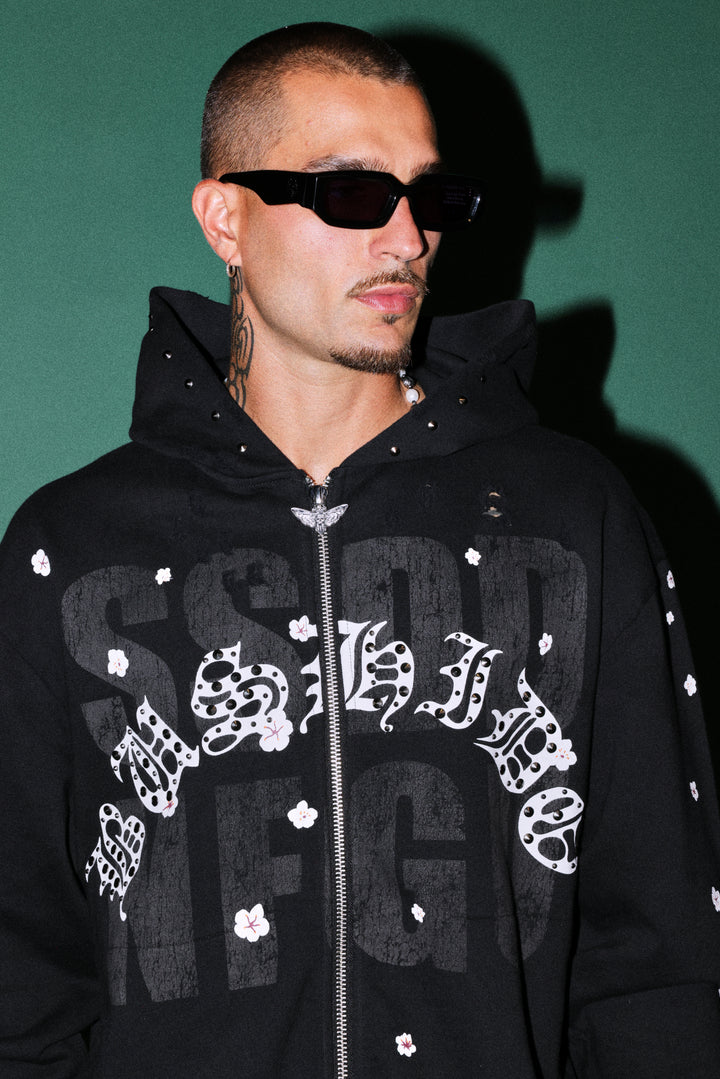 Ssddnfgu Bushido Distressed Grunge Mid Length Raw Hem Zip Hoodie in Black