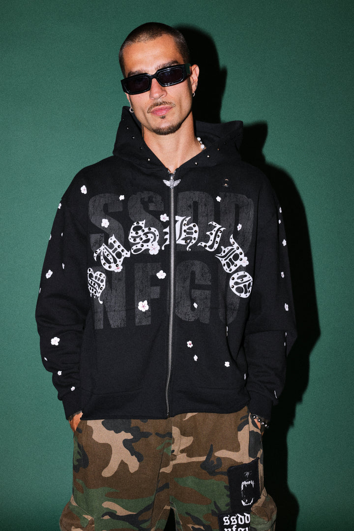 Ssddnfgu Bushido Distressed Grunge Mid Length Raw Hem Zip Hoodie in Black