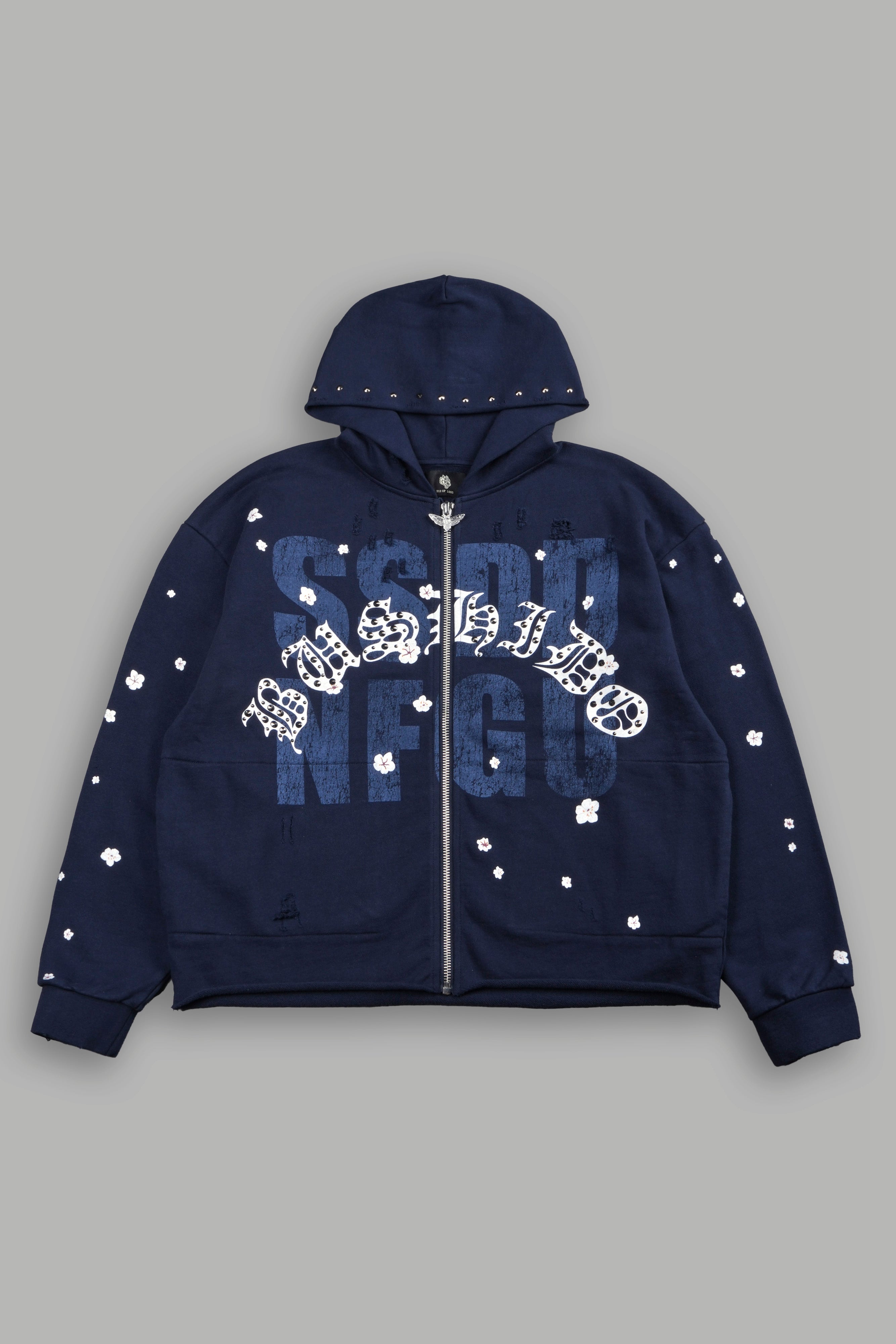 Ssddnfgu Bushido Distressed Grunge Mid Length Raw Hem Zip Hoodie in Navy